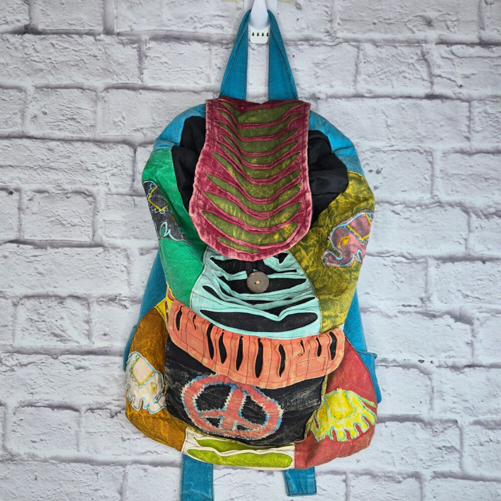 Nepal Cotton Patchwork Backpack Boho Hippie Festival Razor Cut Peace Sign Bag